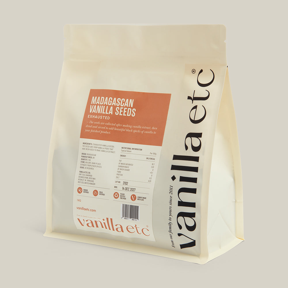Bag of vanilla seeds with 'vanilla etc' branding on a light background