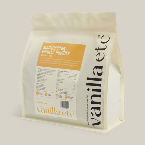 Bag of vanilla powder with 'vanilla etc' branding on a light background