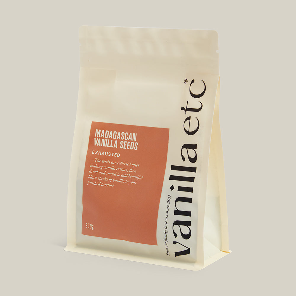 Vanilla seeds packaging with 'vanillaetc' branding on a beige background