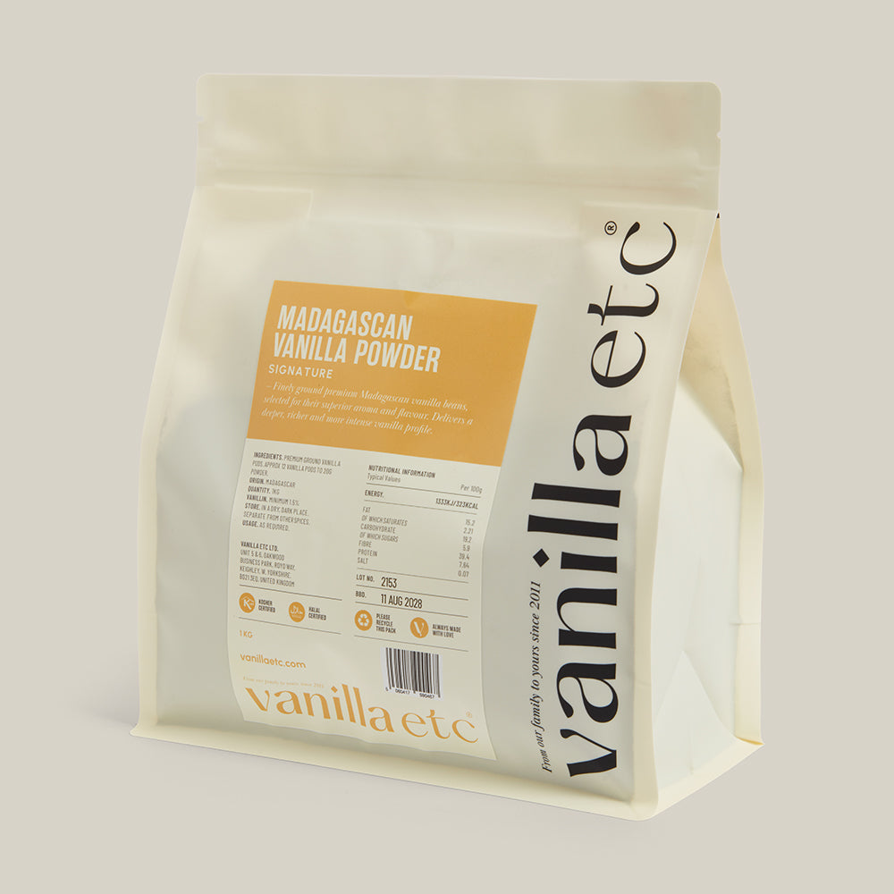 Bag of vanilla powder with 'vanillaetc' branding on a light background