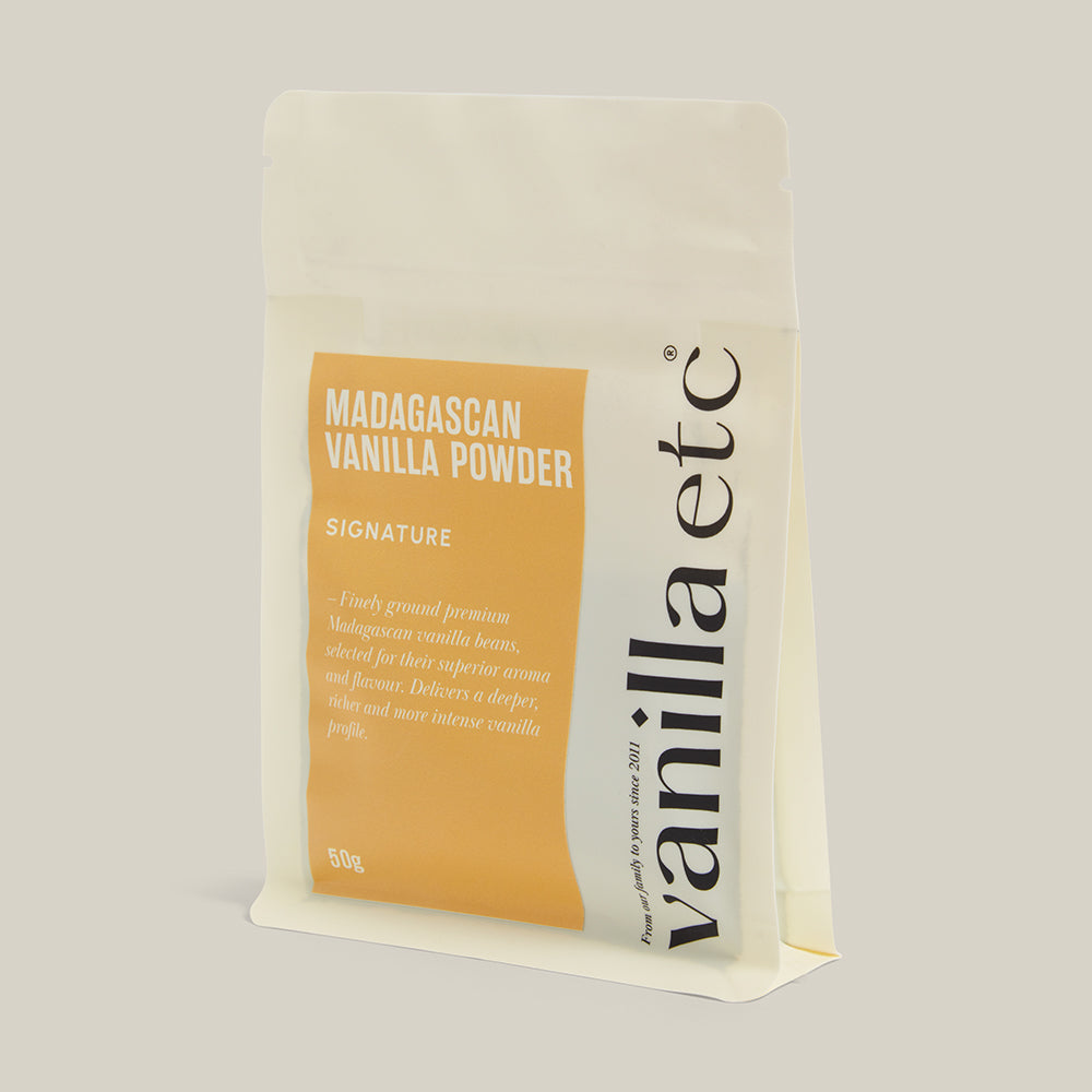 Vanilla powder package with 'vanillaetc' branding on a light gray background