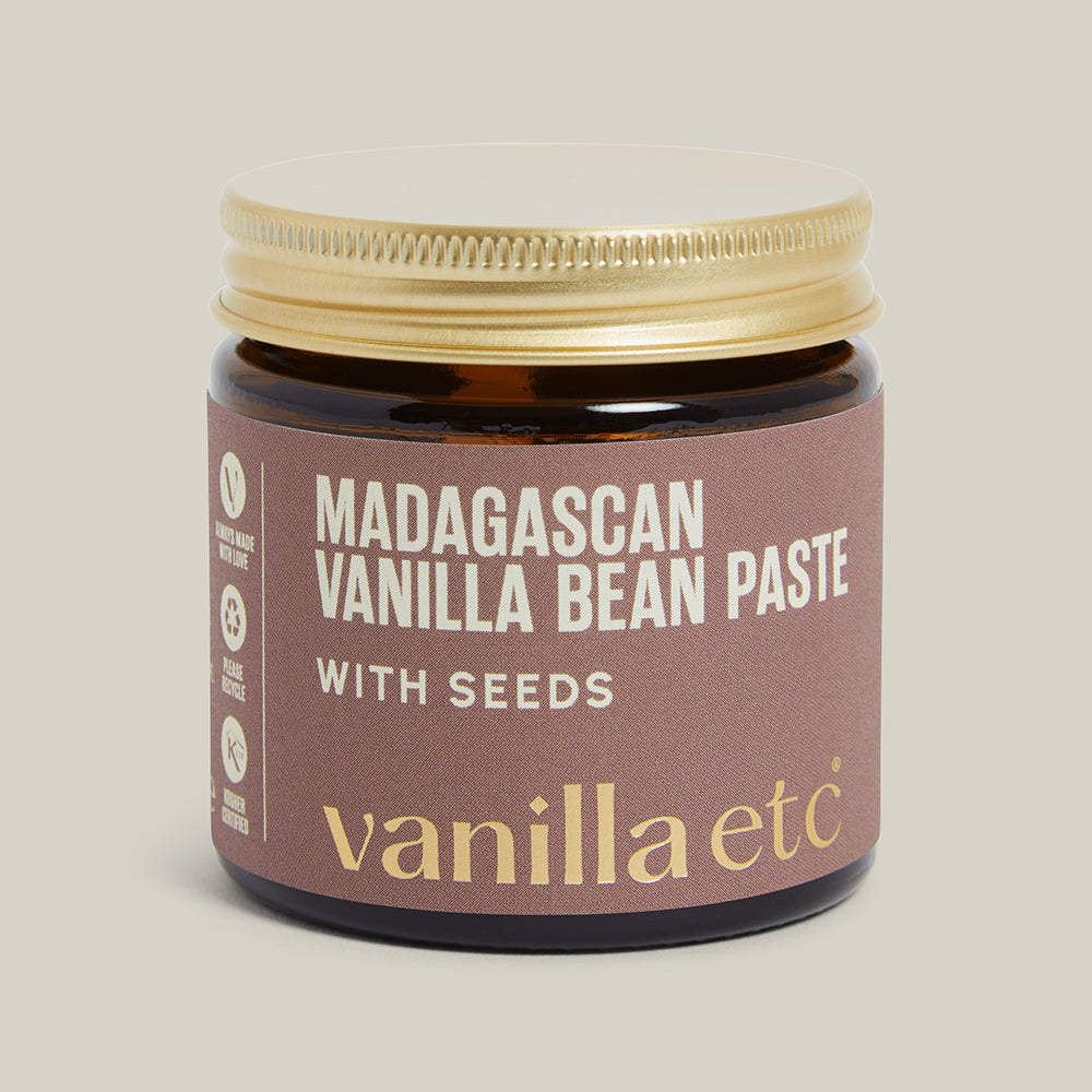 Jar of Madagascan Vanilla Bean Paste with Seeds by vanilla etc on a cream background