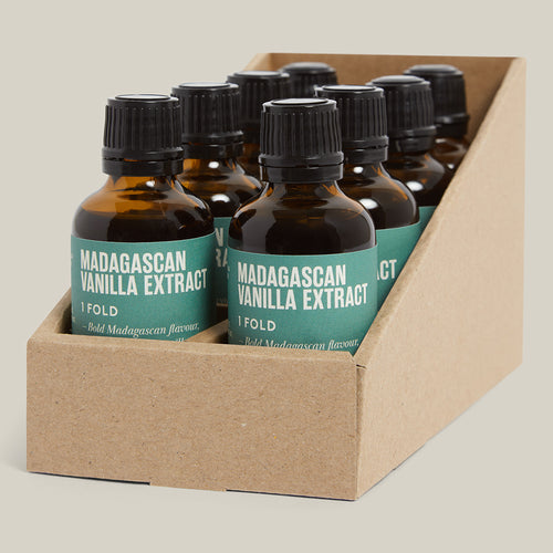 Carton of 1 Fold Madagascan Vanilla Extract, 8 bottles each with green labels