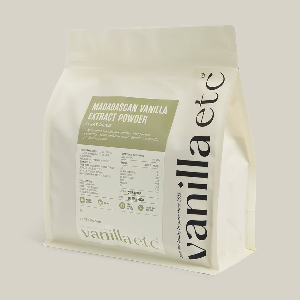Vanilla extract powder package with 'vanilla etc' branding on a light background