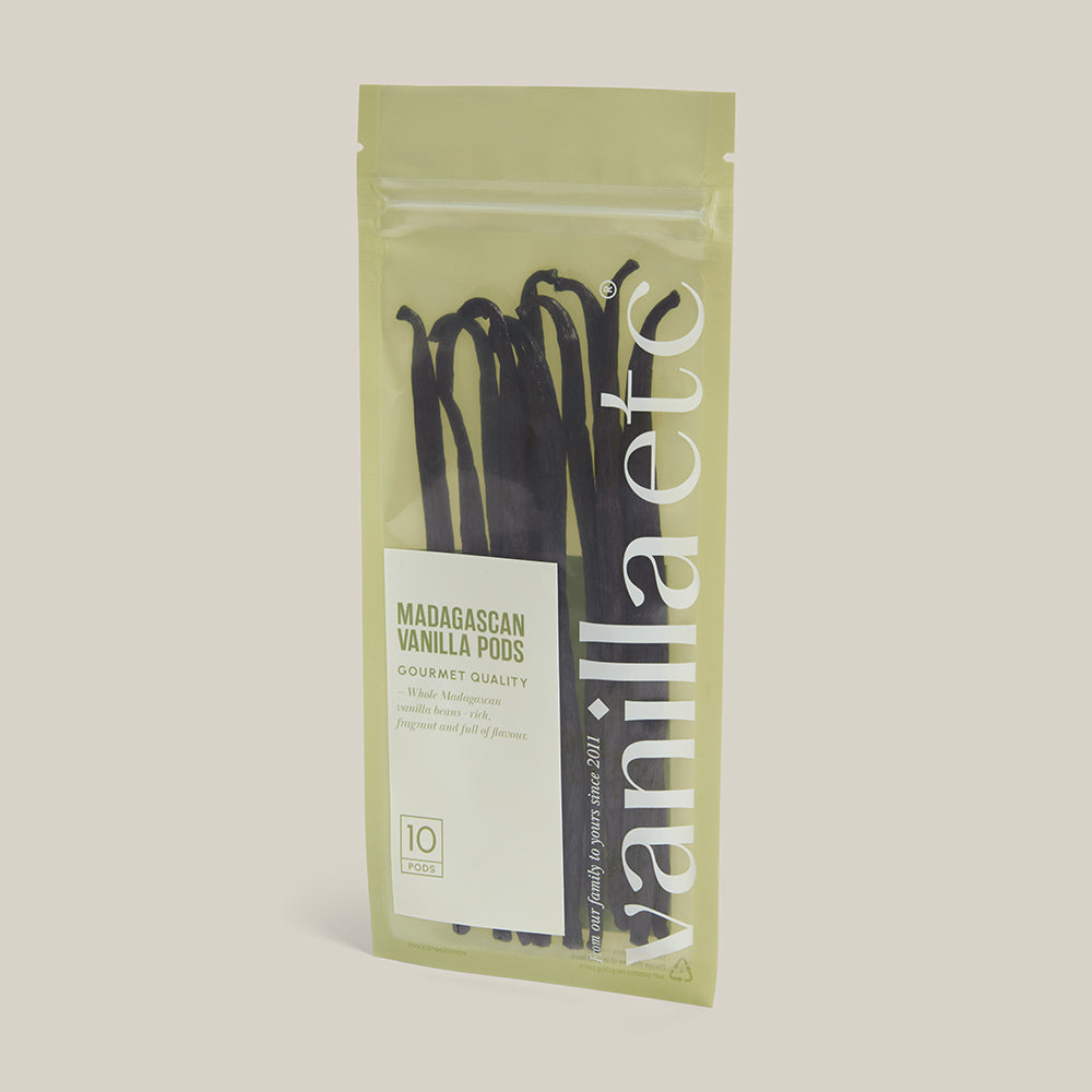 Packaging of Madagascan vanilla pods on a light beige background