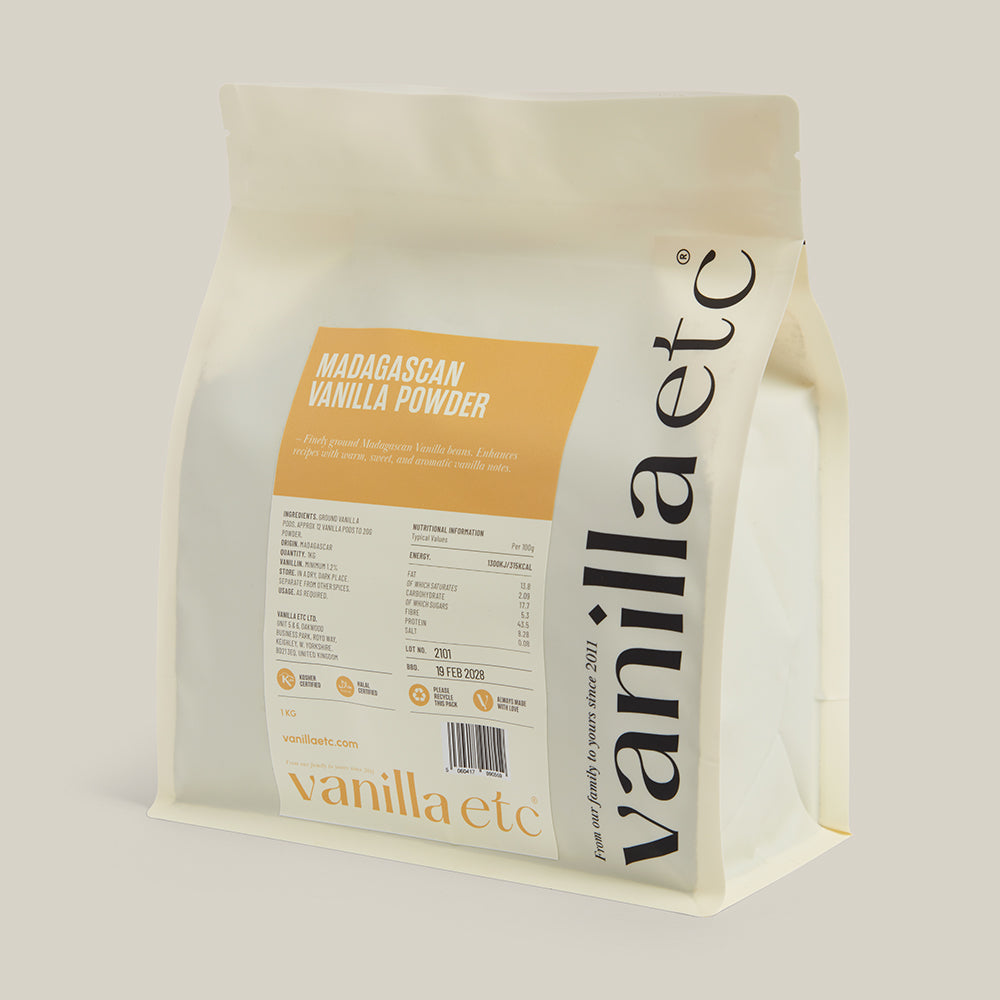 Bag of vanilla powder with 'vanilla etc' branding on a light background