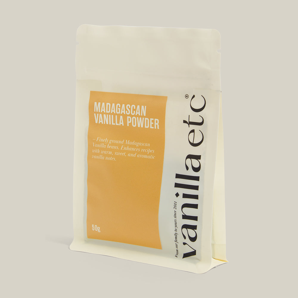 Packaging of Madagascan Vanilla Powder by vanilla etc on a light gray background