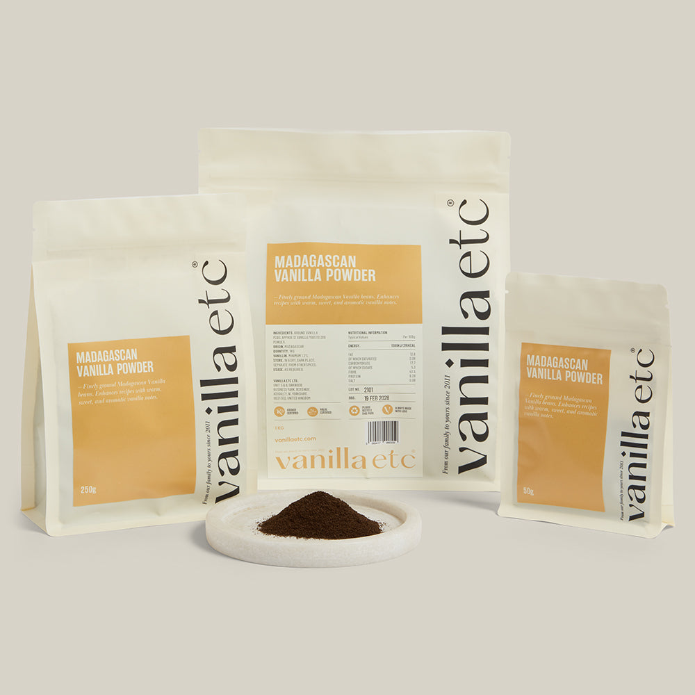vanilla etc. Madagascan Vanilla Powder packaging with a small bowl of powder on a light gray background